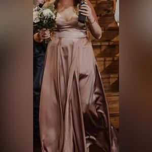 Champagne satin bridesmaid dress(David’s Bridal)